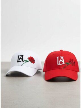 Unisex LA Rose Embroidery Baseball Cap White Red Adjustable Casual Hat